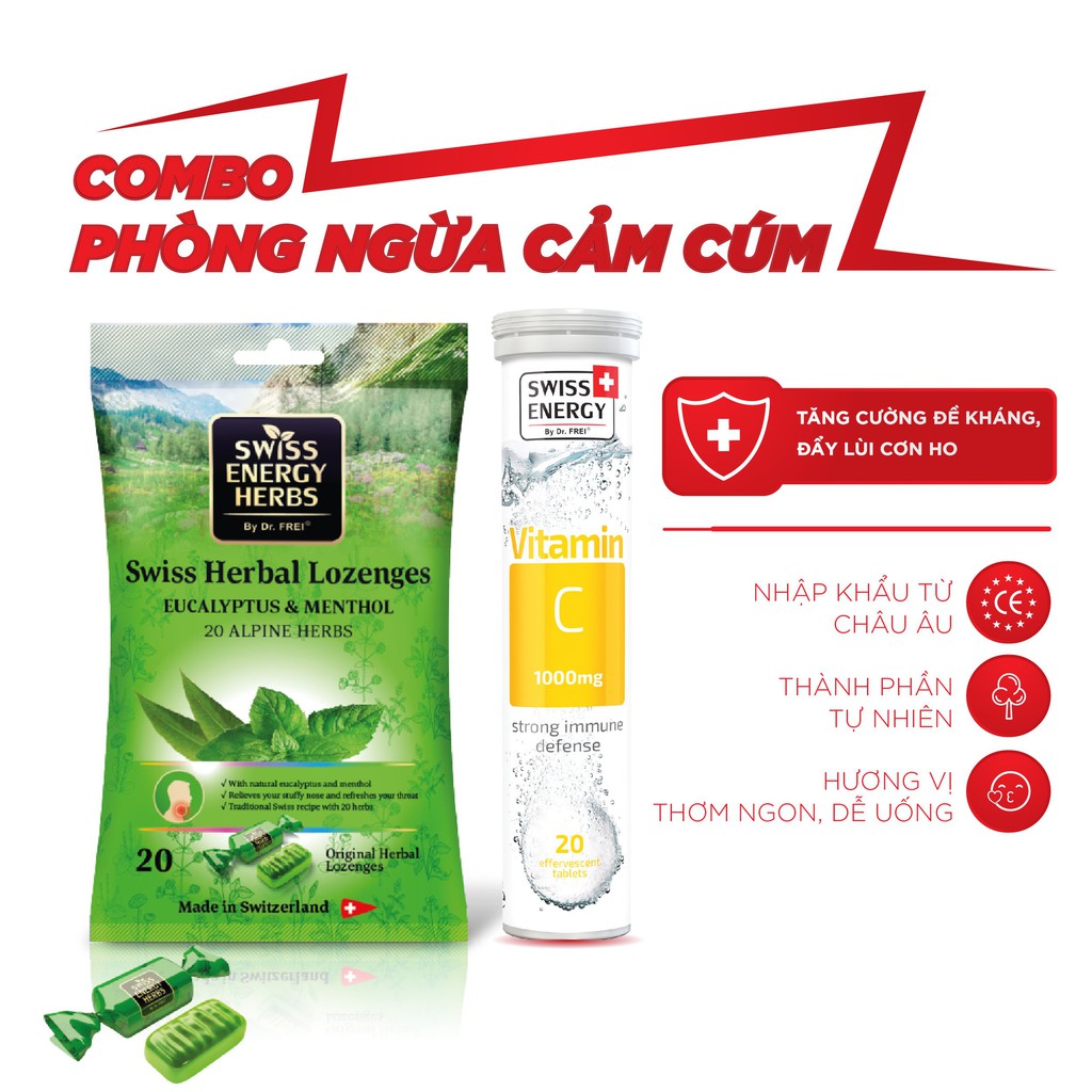 Combo Phòng Cảm Swiss Energy Vitamin C 1000mg + Kẹo Ngậm Bạc Hà Swiss Energy