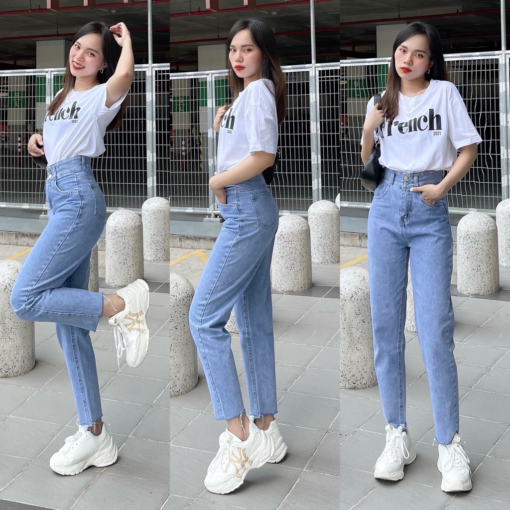 Quần Bò Nữ Quần Baggy lưng Cao 2Nút Lai Cắt Shop Maika-Jeans