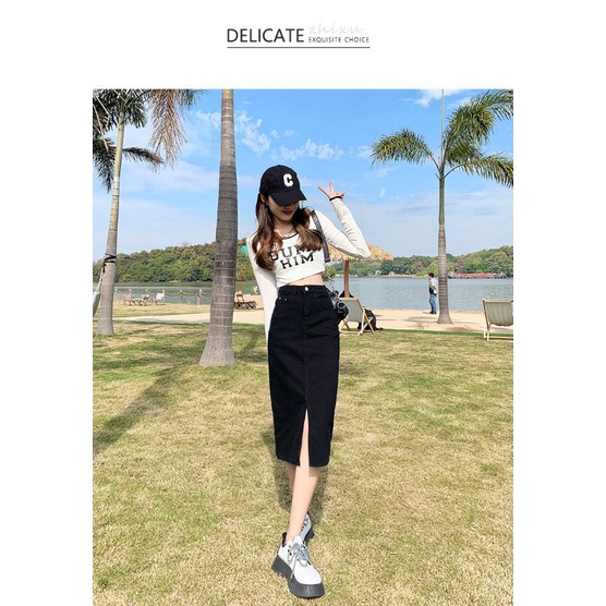 Chân Váy Jean Dáng Dài Xẻ Trước Thời Trang Phong Cách Hàn Quốc V03