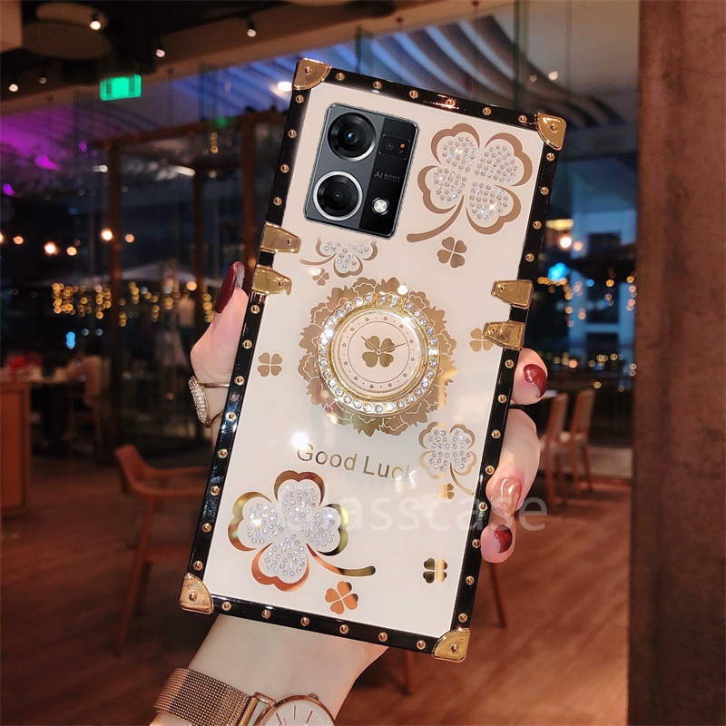 Ốp Điện Thoại Hình Cỏ Ba Lá Đính Đá Gắn Nhẫn Đỡ Cho Oppo Reno 7 7Z 8 5 6 Pro Reno7 Reno8 Z 4G 5G