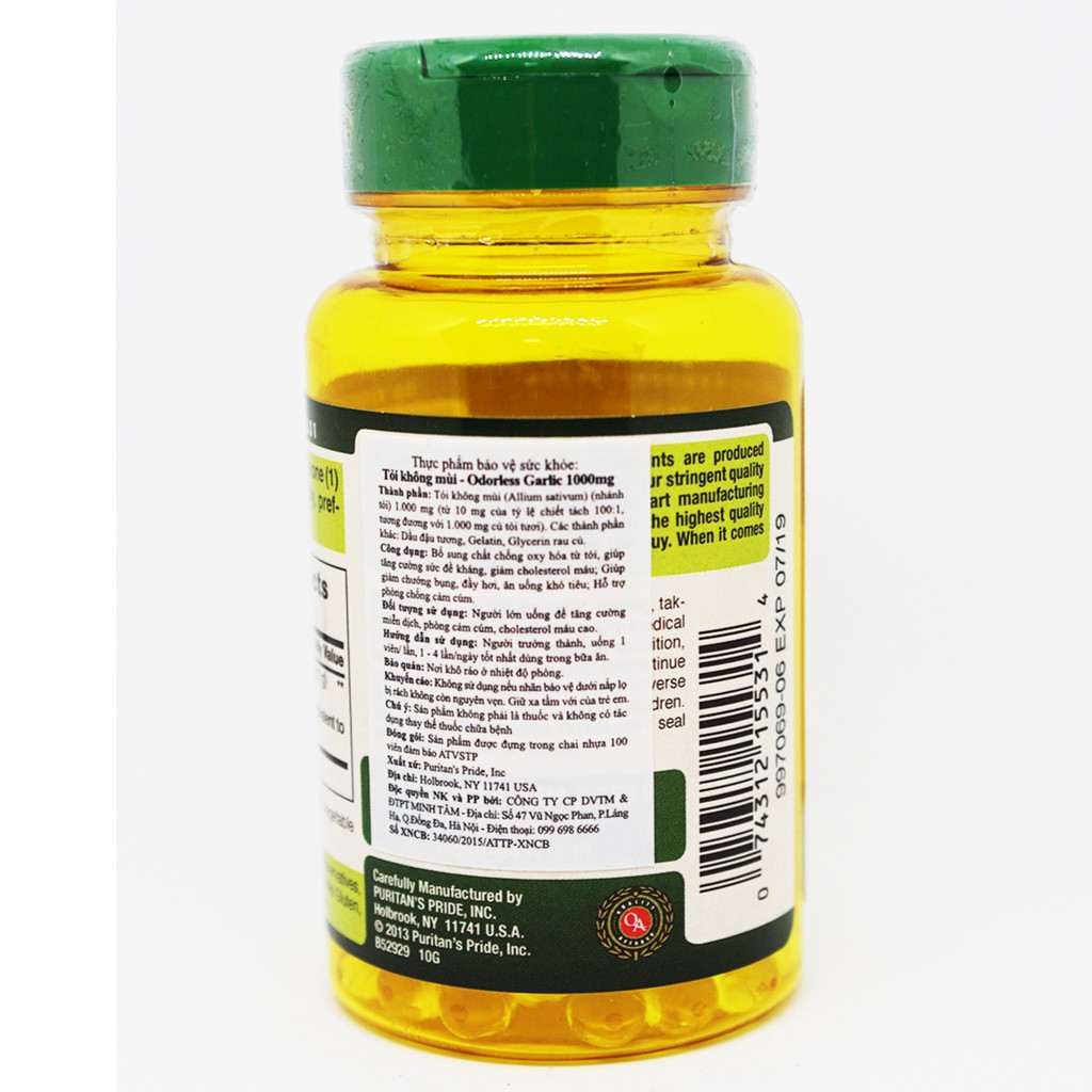 Dầu tỏi không mùi tăng cường miễn dịch, giảm cholesterol Odorless Garlic 1000mg 100 viên của Puritan's Pride | Thế Giới Skin Care