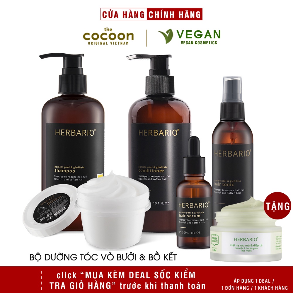 Bộ 5 chăm sóc tóc bồ kết vỏ bưởi herbario: Dầu gội 300ml + Dầu xả 300ml + Xịt dưỡng 100ml + Serum 30ml + Kem ủ tóc 200ml