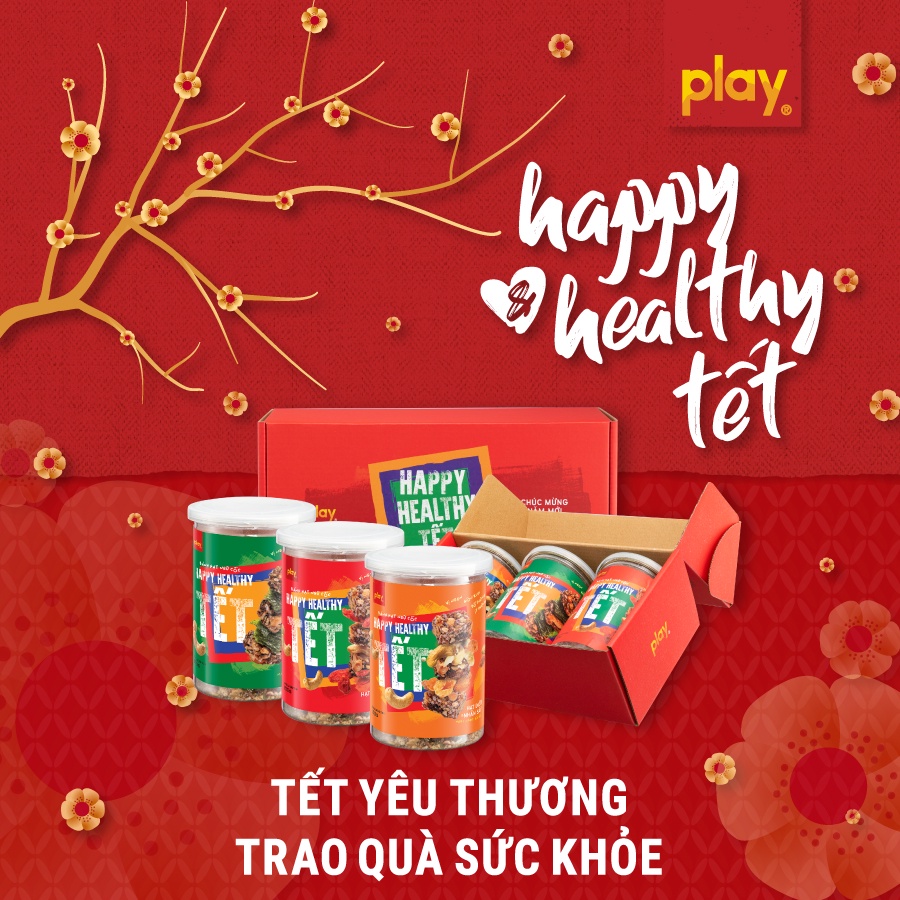 Hộp quà Tết 2022 bánh hạt ngũ cốc Happy Healthy Tết 3 vị 450 gram - Play Nutrition