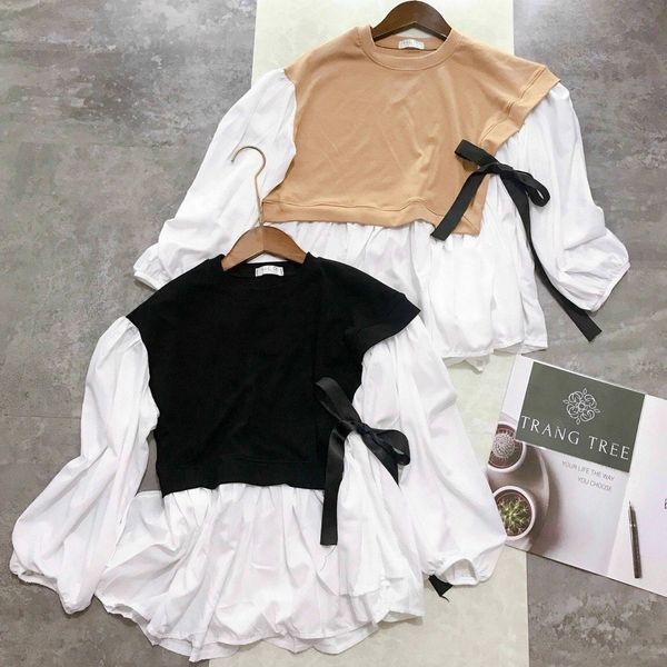 Áo babydoll phối màu nơ eo