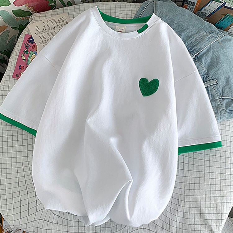 Áo Thun Tay Ngắn Giả Hai Lớp Thêu Họa Tiết Trái Tim Thời Trang Mùa Hè Dành Cho Bạn Gái
