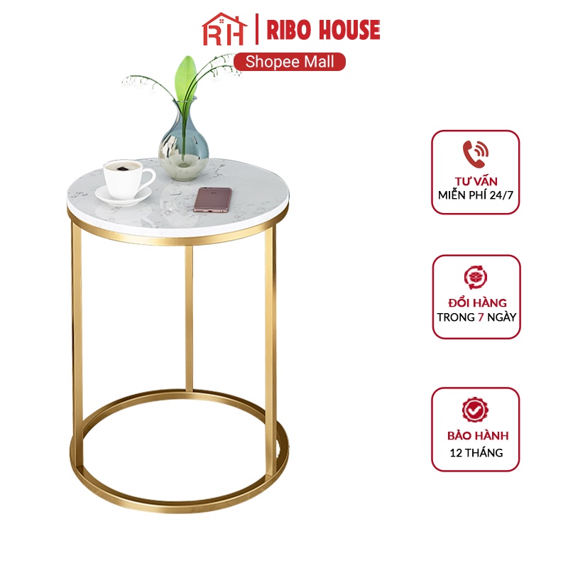 Bàn trà tròn RIBO HOUSE mặt đá hình vân bàn mẫu 1 khung sắt sơn tĩnh điện trang trí phòng khách ban công RIBO91