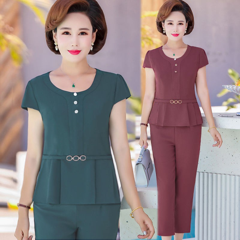 ✶▦⊙Đồ trang phục mùa hè U40/50 tuổi Đàn bà áo ngắn Sleeve T-Shirt Top middle Aged woman s days clothes