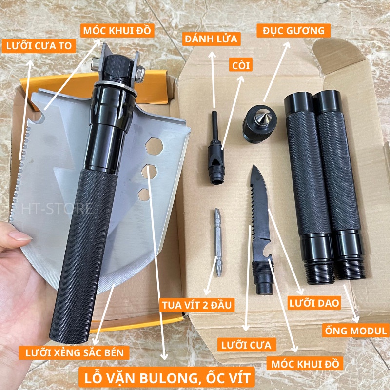 Xẻng quân dụng đa năng cao cấp 10 in 1 chất liệu thép không gỉ, tay cầm hợp kim nhôm