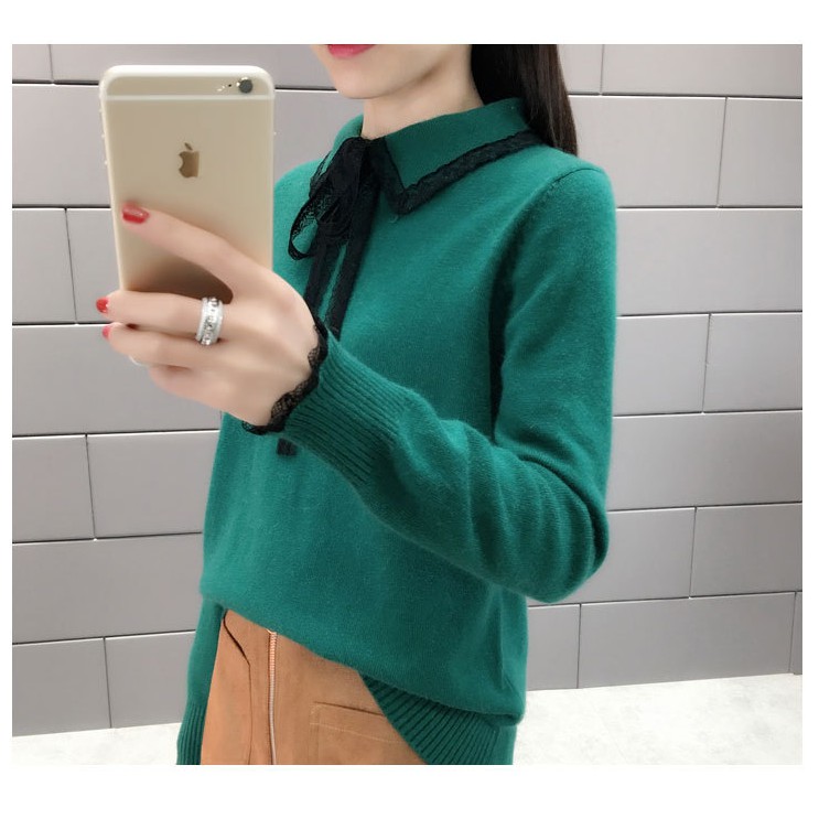 Áo len nữ cổ sơ mi phối nơ đẹp