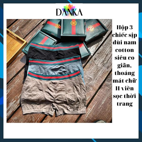 Quần lót sịp xì đùi nam Boxer Brief Kẻ sọc Hộp 3 chiếc chữ H Thời trang vải cotton co giãn thoáng mát DANKASTORE