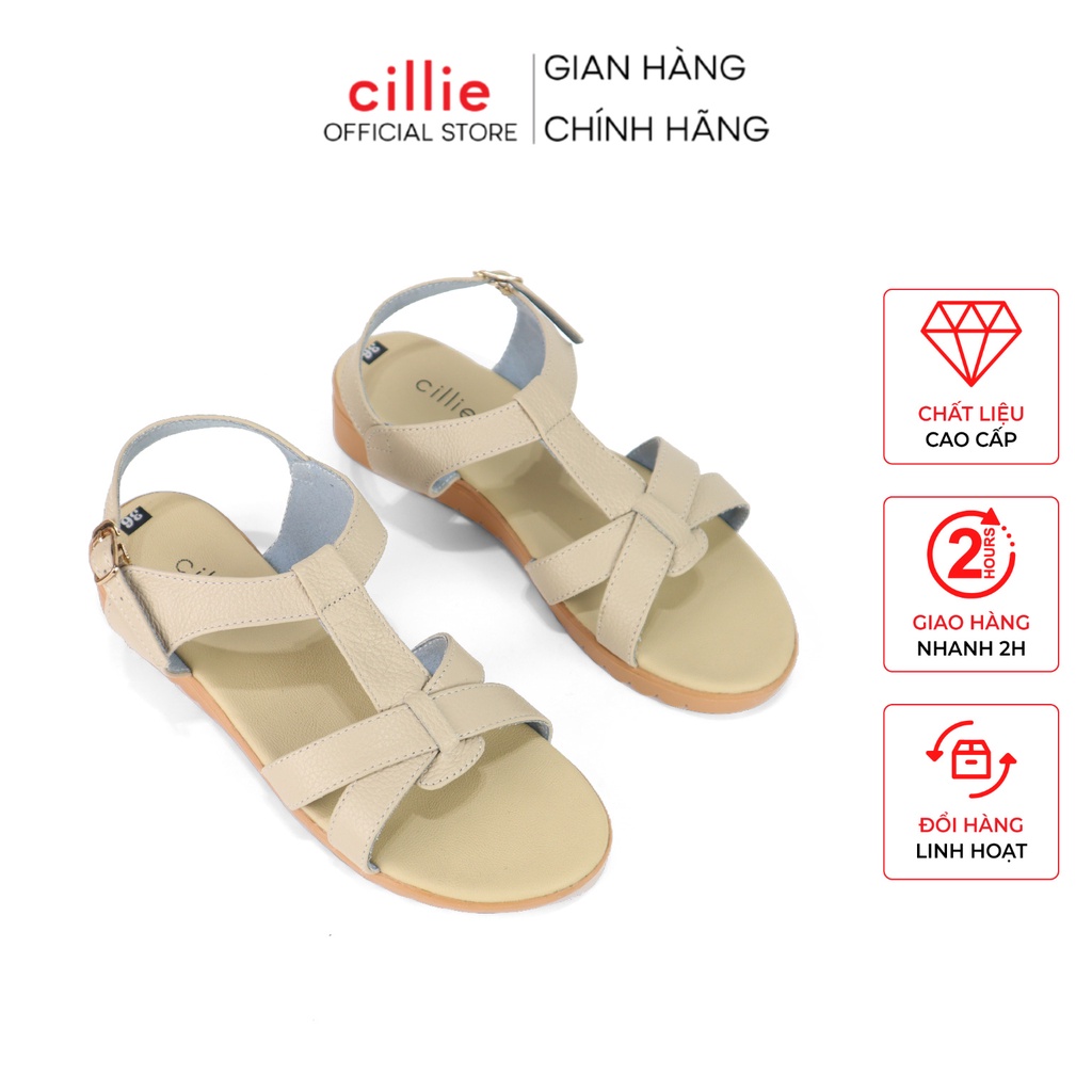 Giày sandal nữ da thật đế bệt êm mềm ôm chân cao 3cm mang đi làm đi học Cillie 1008
