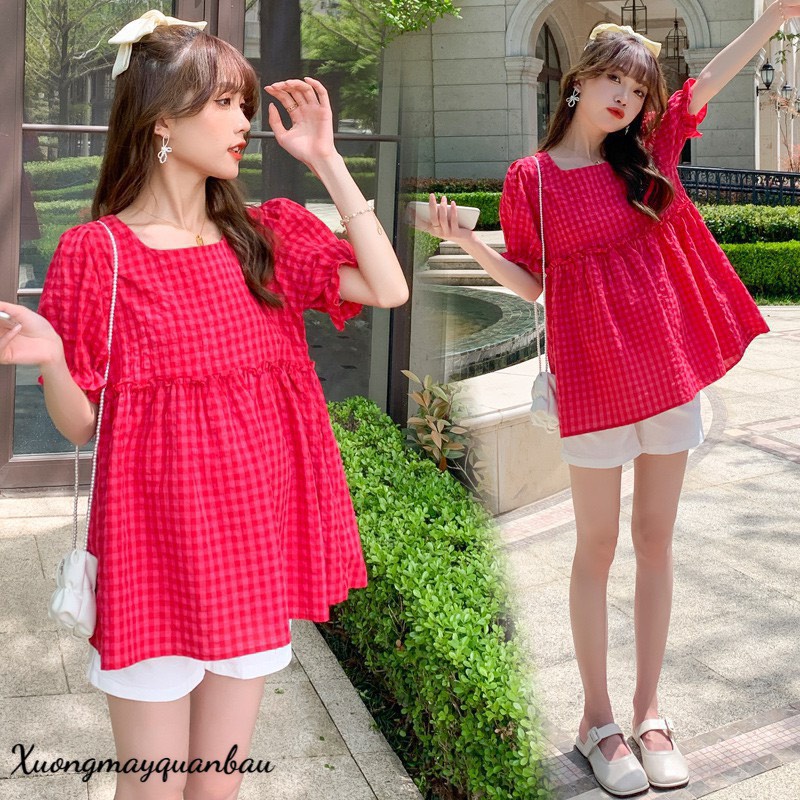 Áo bầu dáng babydoll thiết kế nơ buộc sau lưng họa tiết kẻ hồng siêu cute  A25