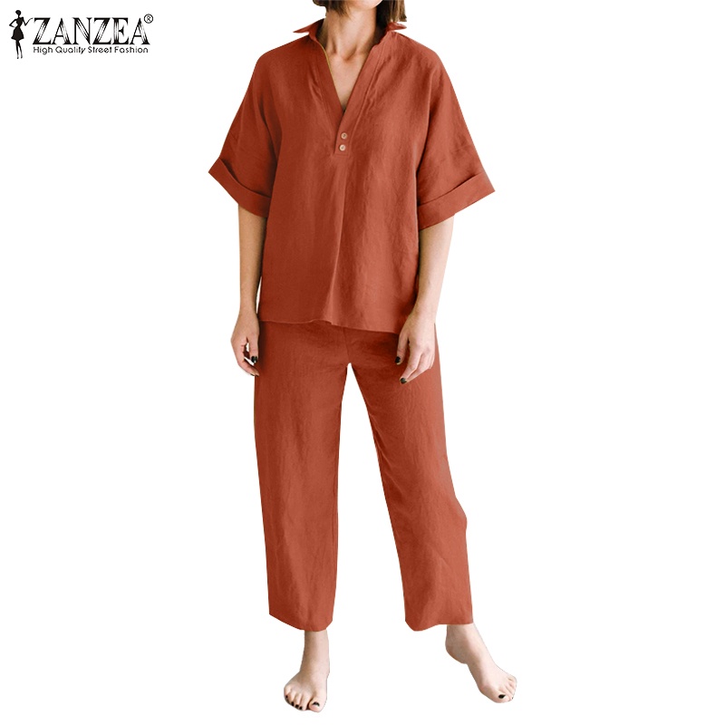 Bộ đồ Zanzea gồm áo sơ mi tay ngắn cổ bẻ và quần dài ống rộng màu trơn sành điệu cho nữ