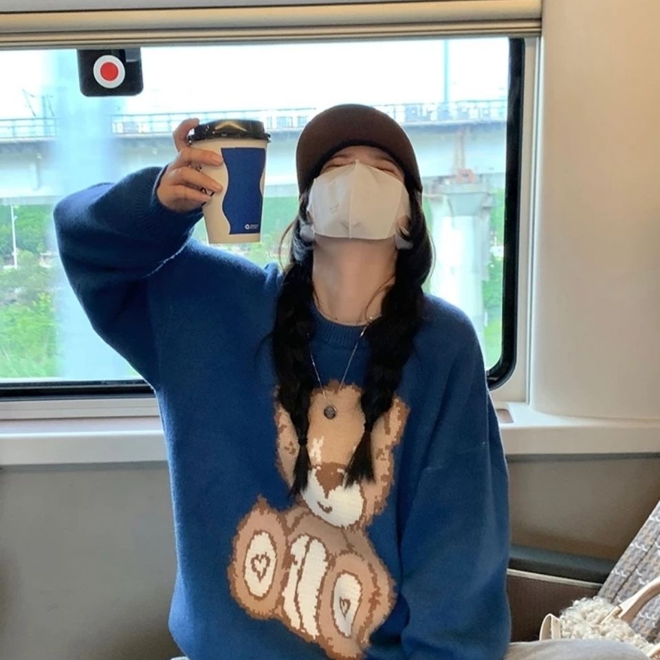 Áo sweater dáng rộng in hình gấu Klein dễ thương thời trang mùa thu mới 2021