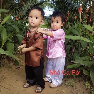 Set bà ba nâu lụa hàng may thiết kế cho bé