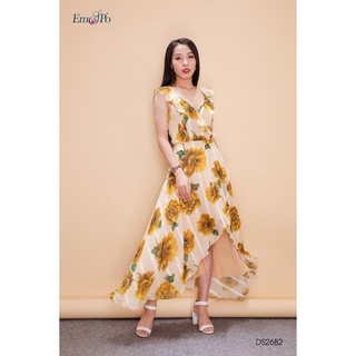 Đầm hoa xòe 2 dây, phối bèo Emspo DS2682 (Xanh, Vàng)