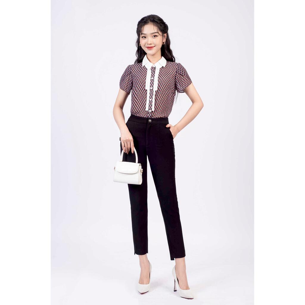 Áo sơ mi cổ đức hai tầng, tay nụ hồng, Nẹp áo may viền 1 nửa MMOutfit M-AO061021235