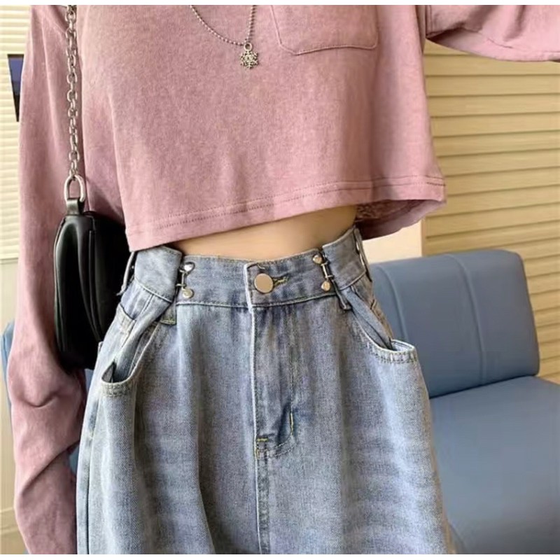 [SẴN] Quần jeans denim dài cạp cao, ống suông, có nút gài eo quần bò thần thánh kéo dài chân