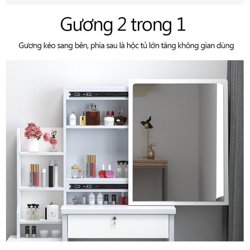 Bộ bàn trang điểm cá nhân kết hợp ghế và gương kéo thông minh, Bàn trang điểm gỗ kèm kệ sách đa năng | BigBuy360 - bigbuy360.vn