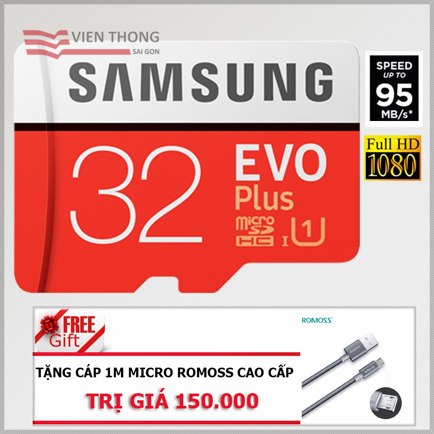 Thẻ nhớ 32GB MicroSD Samsung Evo Plus 95MB/s U1 Class 10 kèm Adapter - (Bảo hành 5 năm) tặng Cáp micro USB bọc Nylon xám