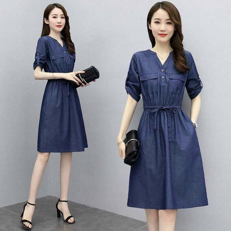 Đầm jean xòe rút eo, váy bò denim xinh xắn - DTH