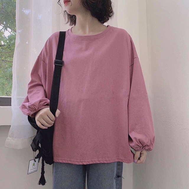 Áo thun tay dài bo tay dành cho nữ oversize đủ 2 màu trắng hồng