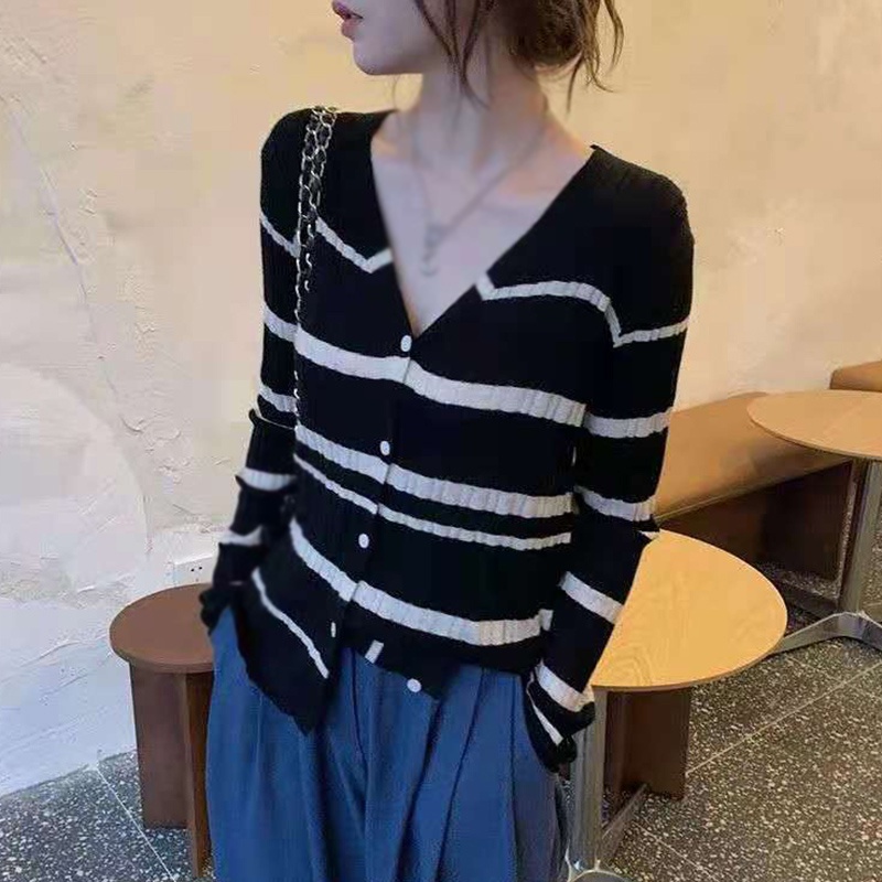 Áo Khońc Cardigan Dệt Kim Cổ Chữ V Tay Dài Họa Tiết Kẻ Sọc Trẻ Trung Cho Áo Len Nữ