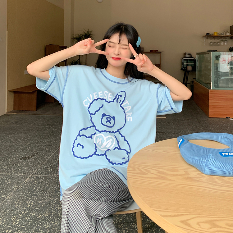 SUXI Áo thun tay ngắn cổ tròn dáng rộng in họa tiết phong cách mùa hè trẻ trung