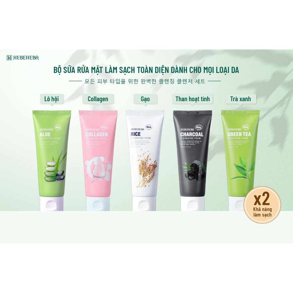 Sữa Rửa Mặt Hebeheba Charcoal - Collagen - Rice - Aloe - Greentea Cleansing Foam 120ml