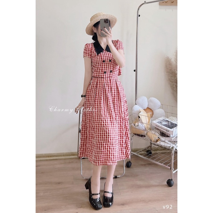 (FREE SHIP) Đầm Nữ Caro Nguyên Sét Áo Kèm Chân Váy Phối Cổ Sơ Mi Đen Siêu Xinh Hàng Cao Cấp