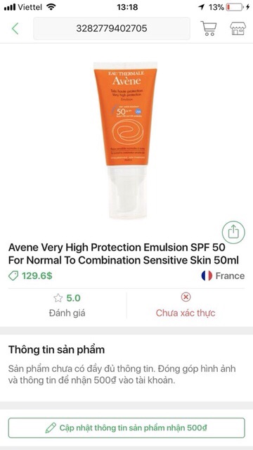 Kem chống nắng Avene Eau Thermale SPF 50