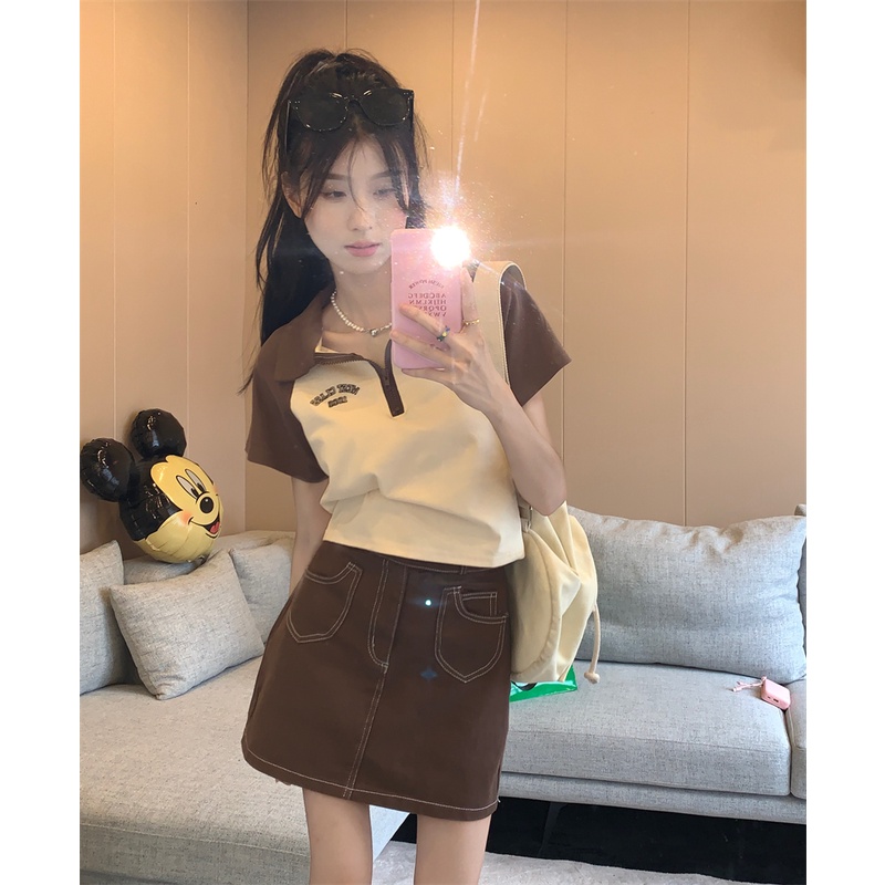 Xiaozhainv Áo Thun Croptop Ngắn Tay Cổ Polo In Chữ Phong Cách Vintage Mỹ | BigBuy360 - bigbuy360.vn