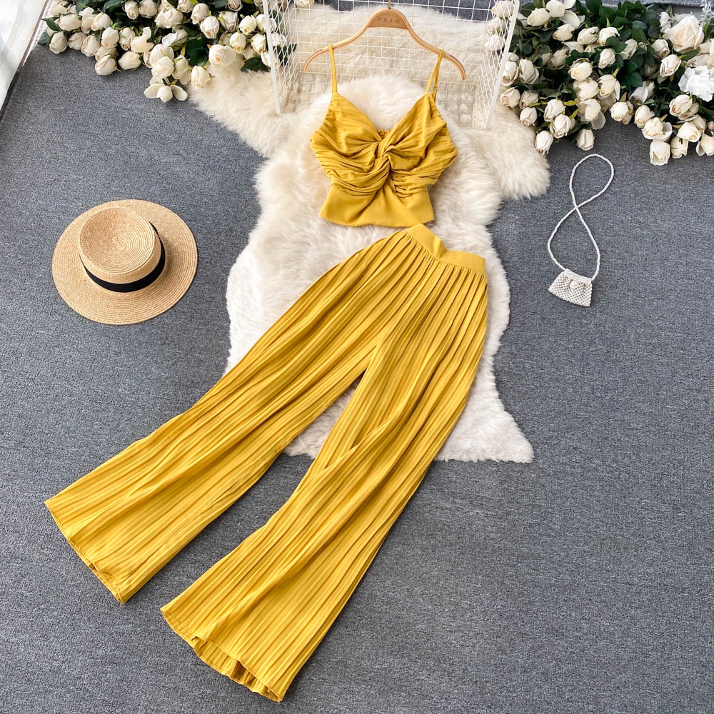 Sét áo dây + quần ống rộng xếp ly cạp cao pha chun dễ mặc (ảnh chụp thật) (Hàng oder chuẩn hình 100%) 090522
