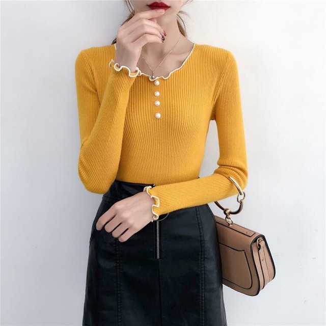 (HÀNG MỚI VỀ) Áo len cúc ngọc tay điệu tiểu thư | BigBuy360 - bigbuy360.vn