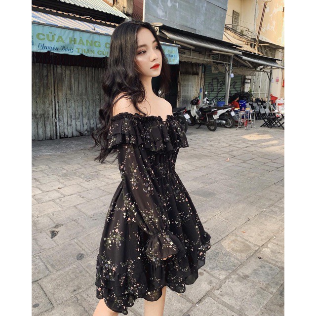 VÁY TRỄ VAI HOA NHÍ TẦNG BÁNH BÈO DÁNG XOÈ STYTE ULLZANG, VÁY TRỄ VAI HOA NHÍ BABYDOLL DÁNG XOÈ