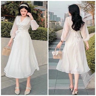 Đầm váy freesize trắng cổ V form dài thắt eo