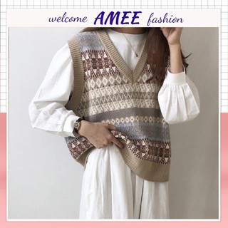 Áo len gile nữ thổ cẩm phong cách hàn quốc Amee Fashion