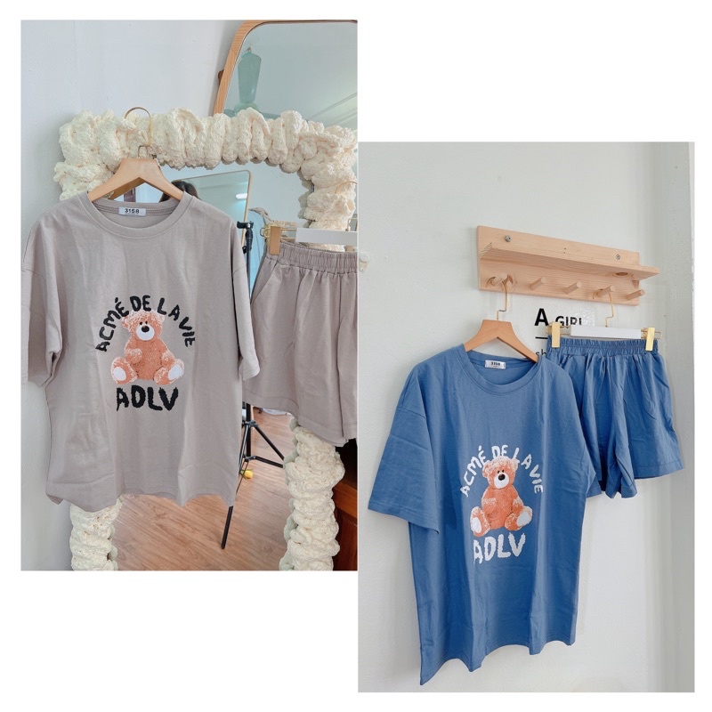 [Ảnh thật/Video]Bộ thể thao HÌNH GẤU cute dáng rộng mùa hè Set áo phông kèm quần chất thun cotton màu dễ thương