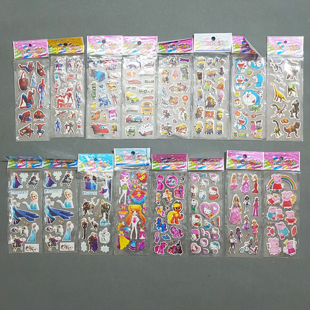 Combo 5 tấm hình dán sticker hoạt hình elsa pony kitty công chúa khủng long xe hơi spiderman