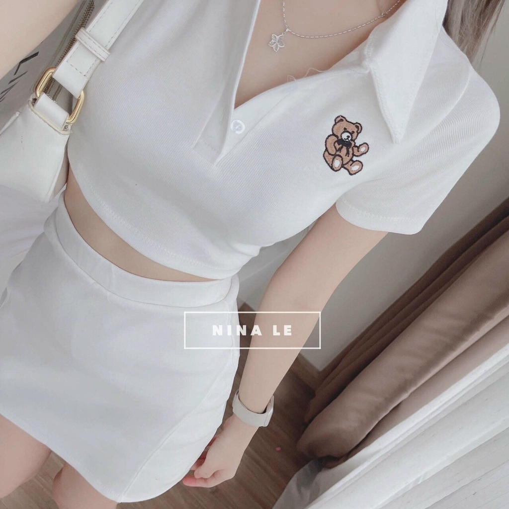 [9.9 Sales Freeship] Set váy trắng polo ôm body, set áo trắng cổ bẻ in gấu croptop + chân váy ôm ngắn chữ A dễ thương