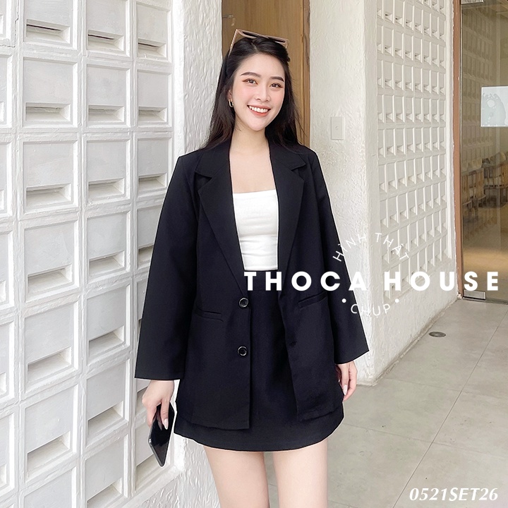 Set vest khoác blazer túi mổ phối chân váy lưng thun trơn đen THOCA HOUSE thanh lịch, sang trọng