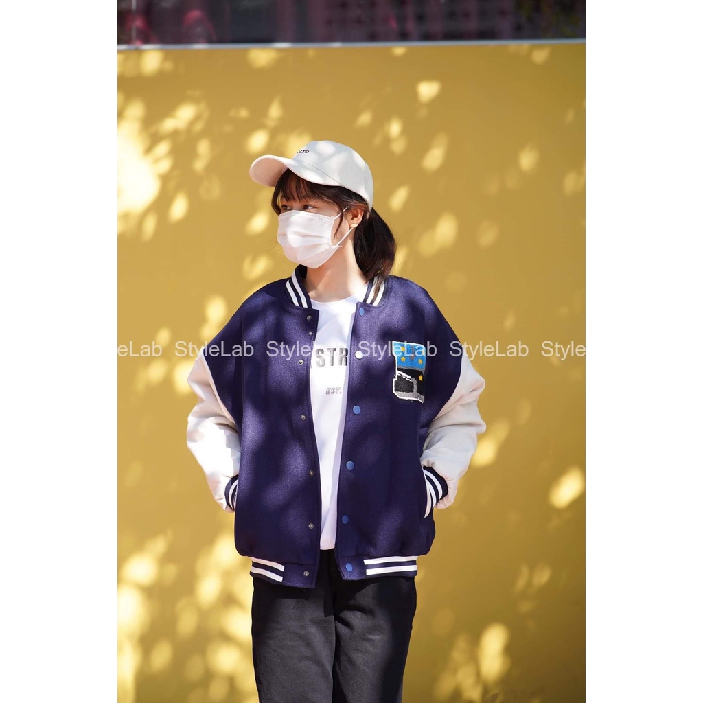 Áo Khoác Bomber, Varsity Jacket "BlackAir" Nam Nữ 2 màu Xanh Đen