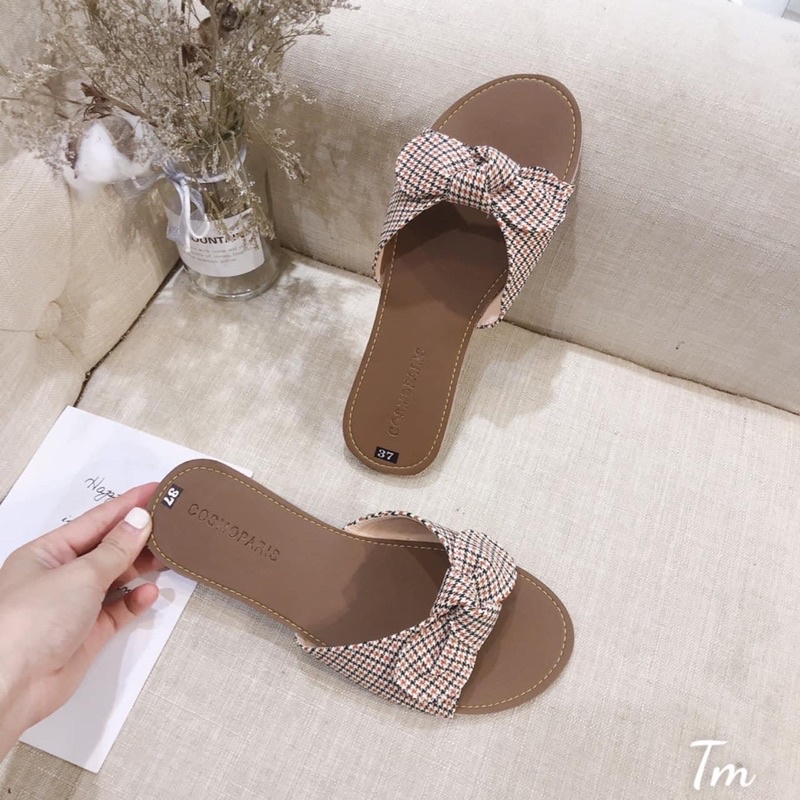 Dép nâu buộc nơ kẻ vintage siêu đẹp