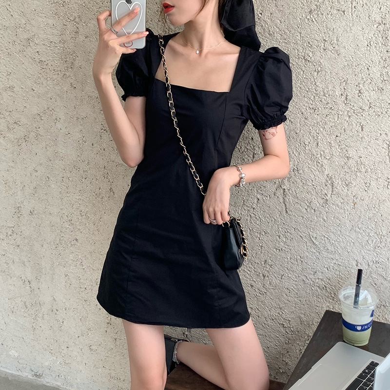 SUXI Đầm Nữ Tay Ngắn Cổ Vuông Phong Cách Retro