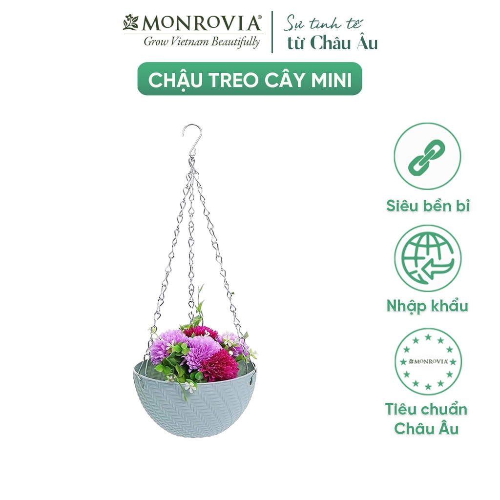 Chậu treo ban công Monrovia tặng dây treo sắt, trồng hoa, cây mini, cây cảnh, thiết kế vân nổi, thoát nước tốt, tiêu chu