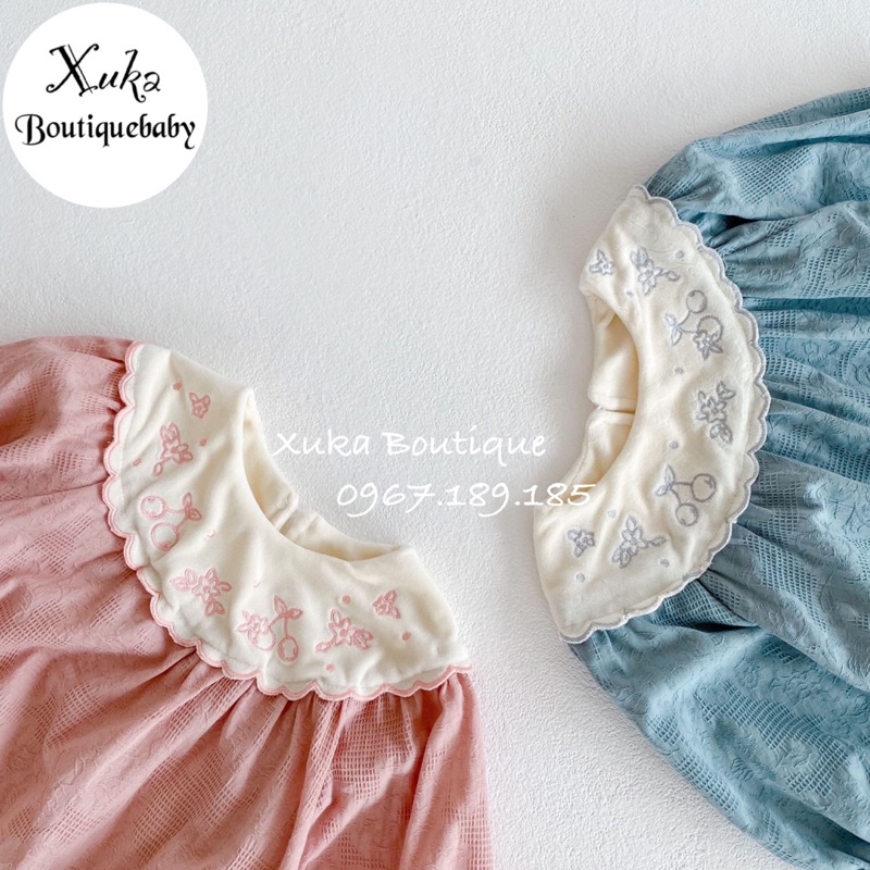 Set Bodysuit Dài Tay Cổ Nhung Cherry Kèm Mũ Bé Gái Dễ Thương - Xuka Boutique - Quần Áo Trẻ Em phong cách Hàn Quốc