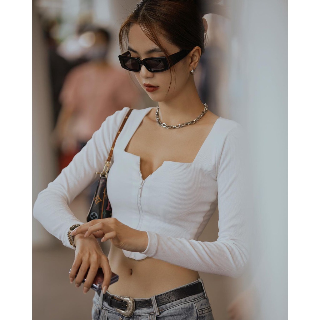 DUNEA Áo Thun Tay Dài Cổ Chữ V Phối Khóa Kéo Quyến Rũ Thời Trang Cho Nữ