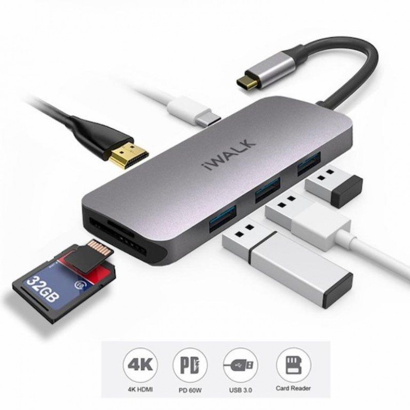 Hub Type-C iWALK 7 in 1, 4K USB-C ra HDMI, cổng sạc PD 60W, 3xUSB3.0 5Gbps
