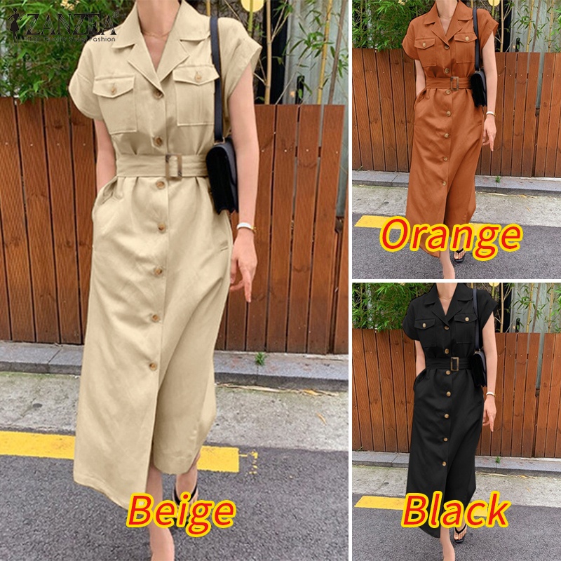 Đầm dài ZANZEA tay ngắn cổ bẻ có túi phối thắt lưng thời trang tùy chọn màu sắc dành cho nữ