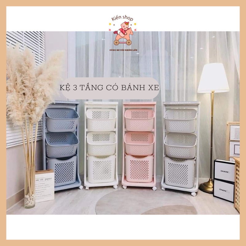 Kệ nhựa 3 tầng đa năng cao cấp có bánh xe, Kệ đựng đồ em bé Việt nhật có bánh xe Kiến Baby Store